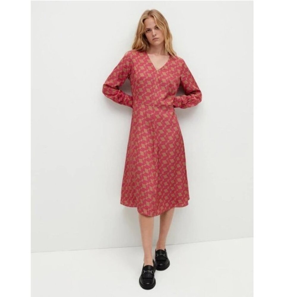 NEW Stefanel Pink and Tan Geometric Print V-Neck Midi Dress P4756
